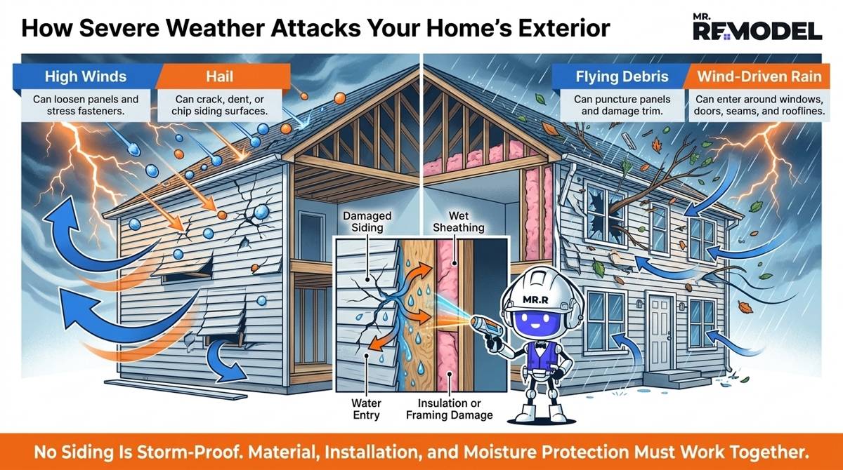 Editorial cutaway of a storm-exposed home showing how high winds, hail, flying debris, and wind-driven rain can damage siding and the exterior wall system.